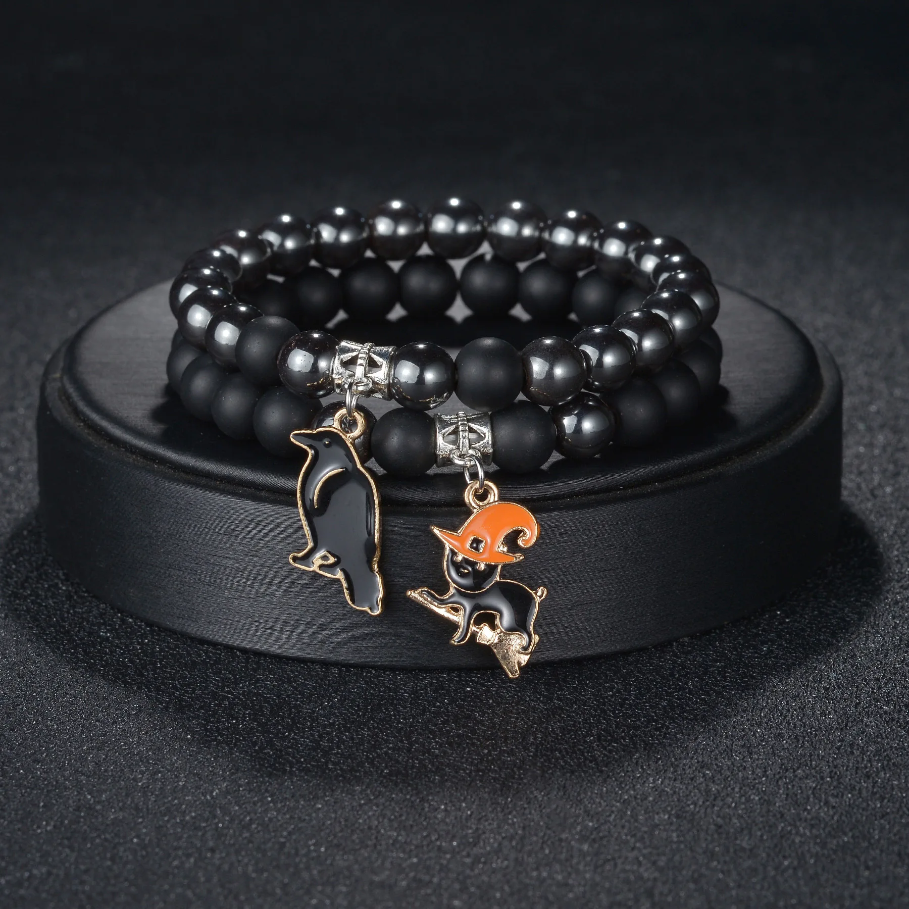 2pcs set 8mm Matte Stretch Bead Black Obsidian Bracelet Stackable Ghost Pumpkin Halloween Charm Bracelet
