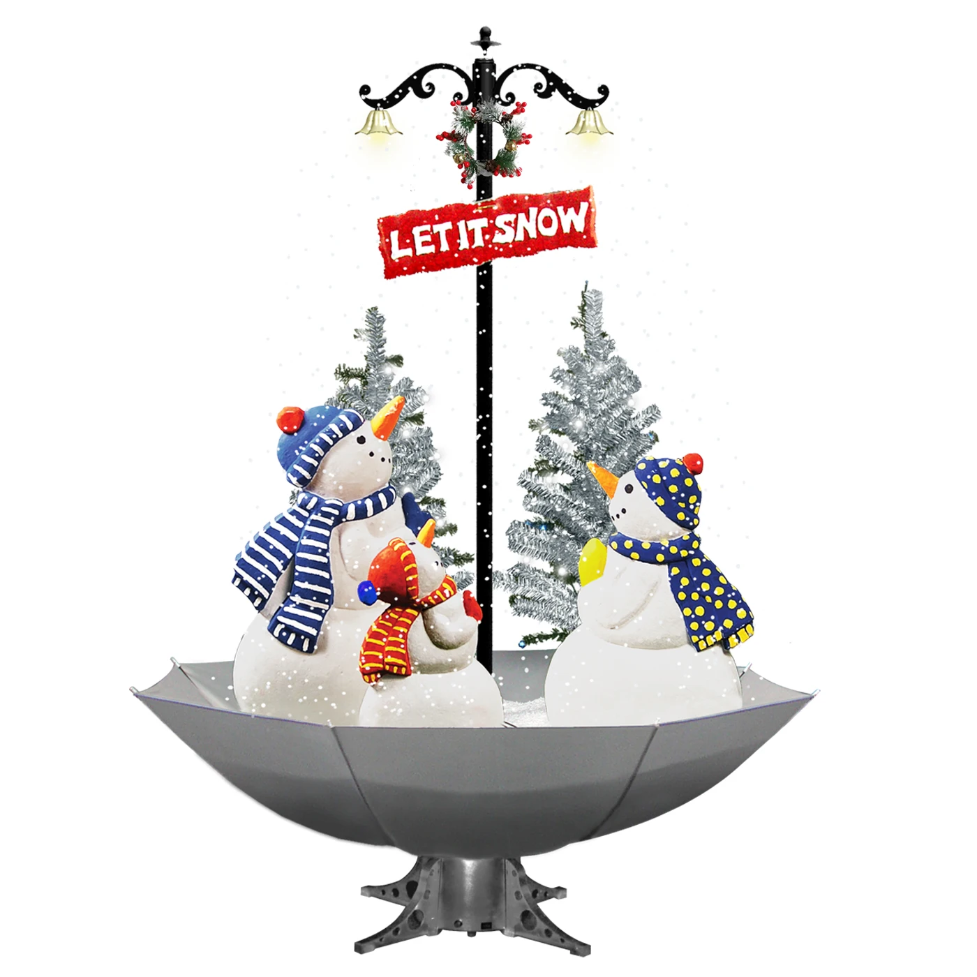 European market buy Christmas musical decorations falling blowing snow Christmas tree with umbrella and penguins