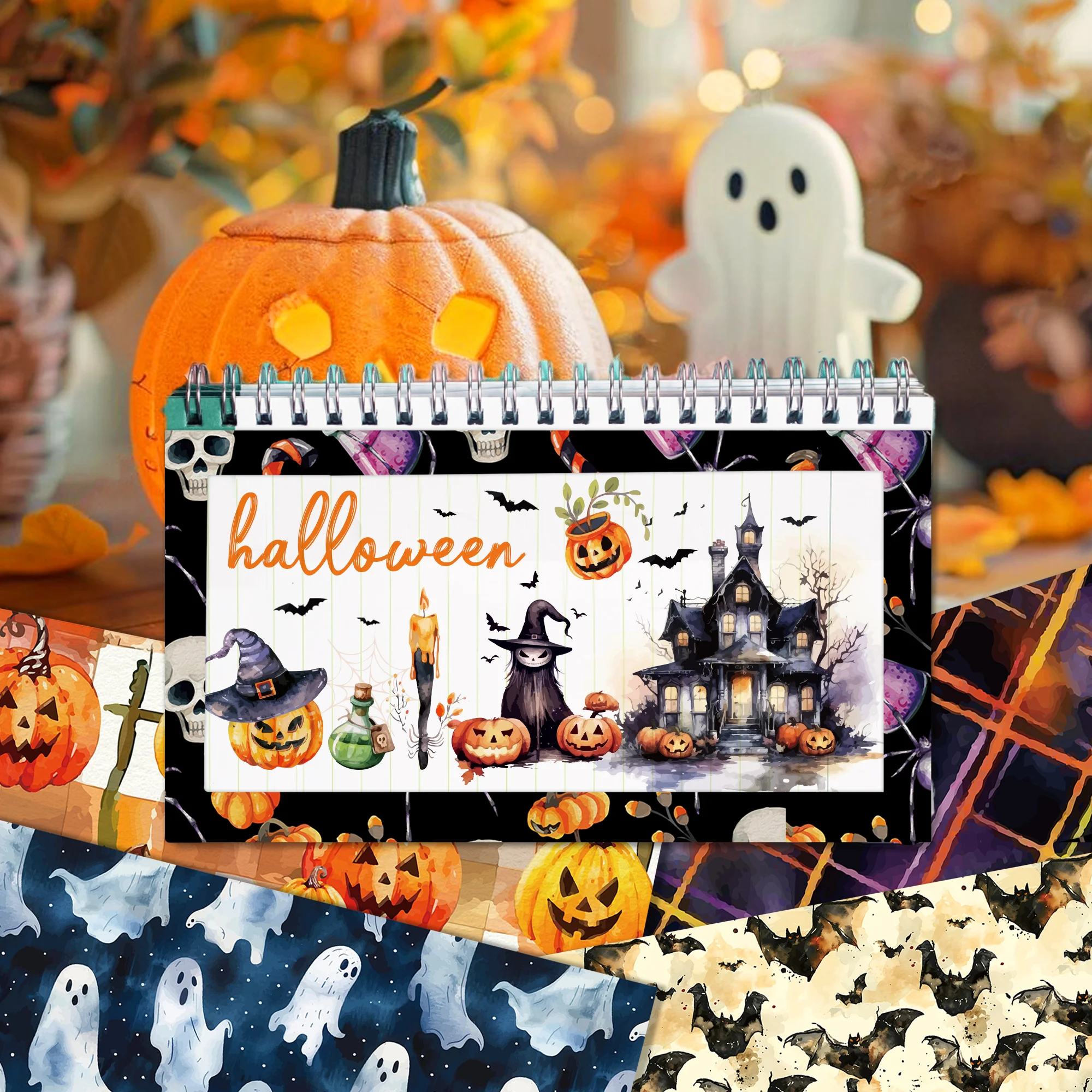 WW139 Halloween Pattern Scrapbook Paper Pumpkin Spider Ghost Craft Paper for Halloween Party DIY Card Making Decor Supplies