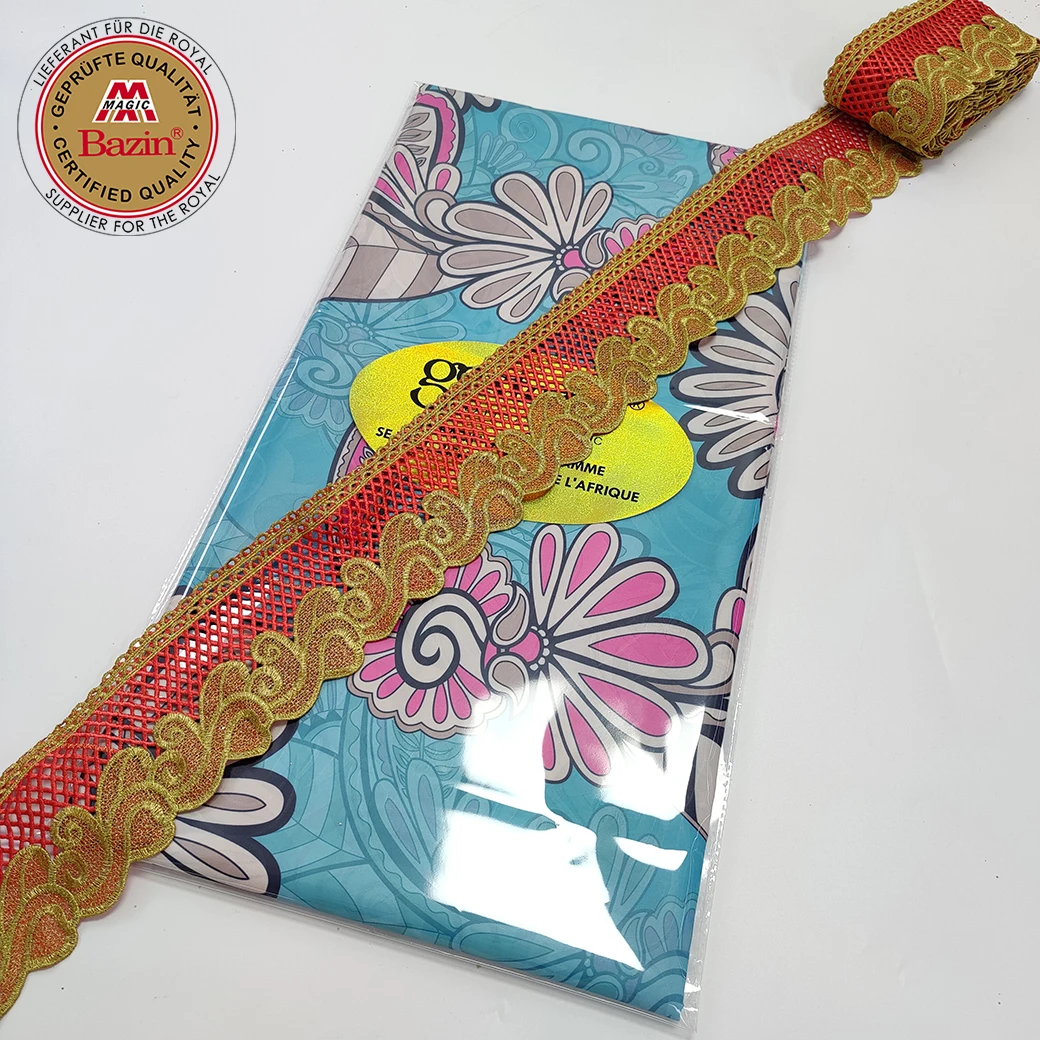 5+5 Yards Double Sides Printed Bazin Riche Fabric With Shiny Embroidery Ribbon For African Traditional Wedding Dresses Basin