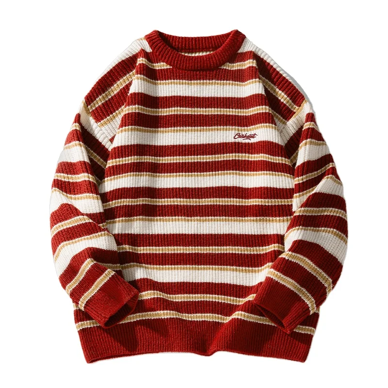 Vintage Men's Heavyweight Striped Wool Pullover Chunky Needle Sweater with Color Clash Crew Neck Knitwear for Winter Knitted