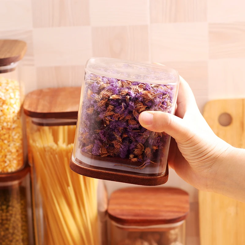 Glass Storage Canister with Acacia Wooden Lid Square Glass Jars , Glass Food Storage Containers for Pasta Coffee Rice
