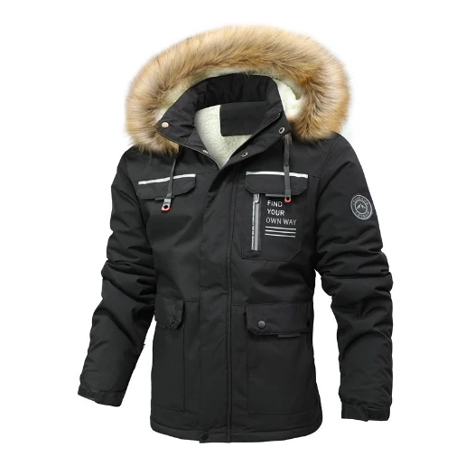 Liu Ming Custom Brand Fashion 2024 Winter Men Fleece Hooded Casual Thick Fur Collar Parkas Multi Pocket Warm Plus Size Jackets