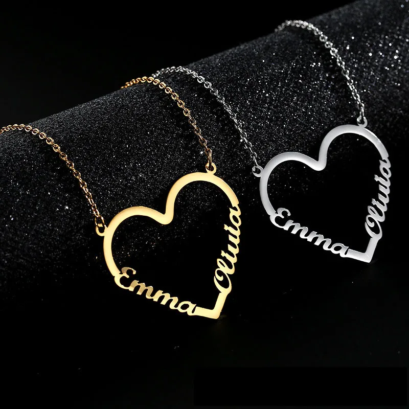 Custom Stainless Steel two name Necklaces with heat  Multiple Nameplate Gold Plated Chain Women Jewelry Necklaces