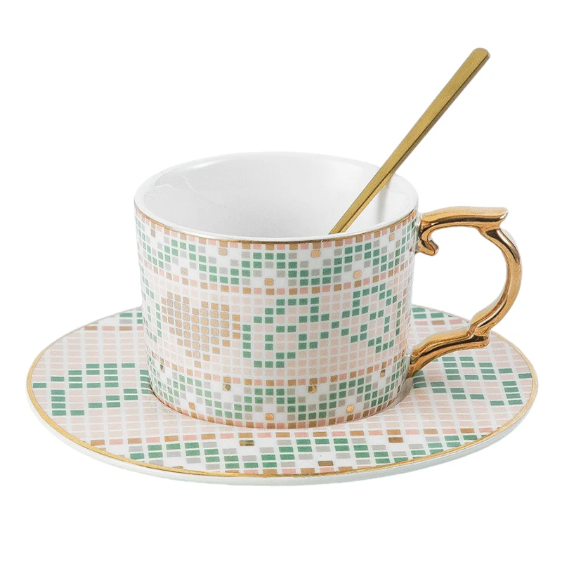 Mosaic Pattern Design Drinking Water Cup Classic Ceramic Gold Rim Milk Coffee Cup Saucer And Gold Handle