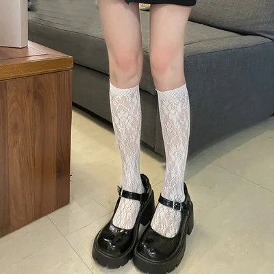 ST-014 Summer Thin Black White Fishnet Stockings Women Lace Thigh High Fishnet Knee High Socks