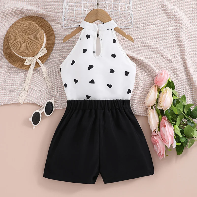 2024 Summer Children Girls Fashion Clothing Love Heart Halter Vest Shorts Two Piece Suit Wholesale Teen Clothes
