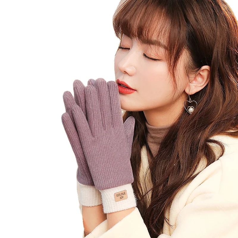 Winter new knitted touch screen mittenss women with fleece and thick outdoor windproof warm cationic self-heating finger cover