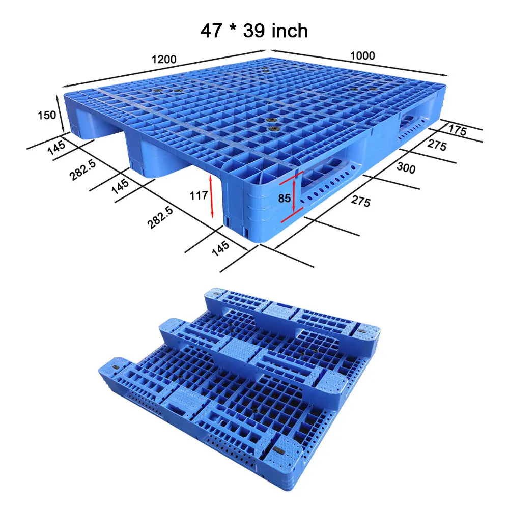 47 x 39 in 1210 Heavy Duty Plastic HDPE Blue Pallet Warehouse Industry Storage Logistics 3 Runners Grid Plastic Pallet for Sale