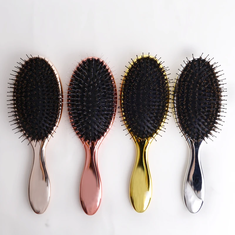 Luxury Gold And Silver Color Boar Bristle Paddle Oval Hair Brush Anti Static Hair Massage hair extension brush and comb