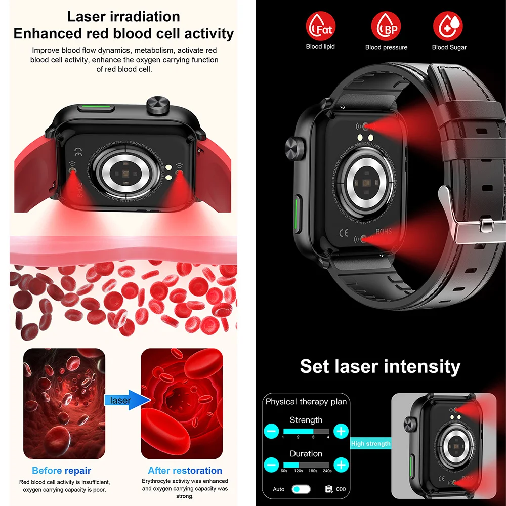 High-end F220 health physiotherapy watch blood sugar uric acid lipid smartwatch Dual-probe 650nm laser therapy smart watch F220