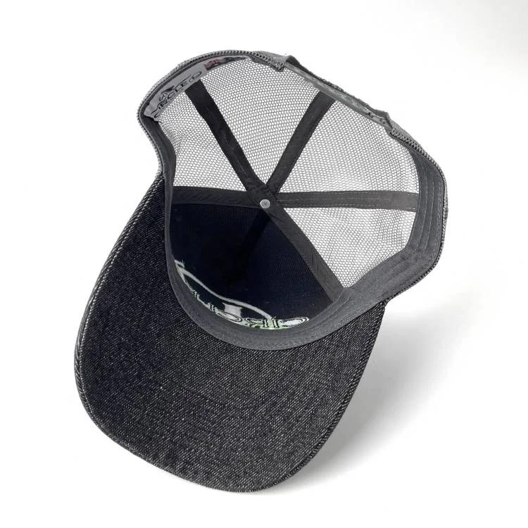 Wholesale Adjustable denim 5 panel mesh hats custom design your own logo trucker caps Plain 5 Panel mesh cap denim trucker hat
