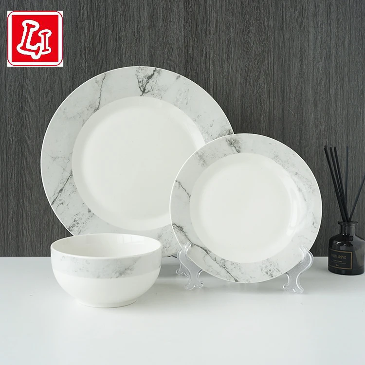 
The grey marble three piece set contains a flat rice bowl ceramic tableware set 