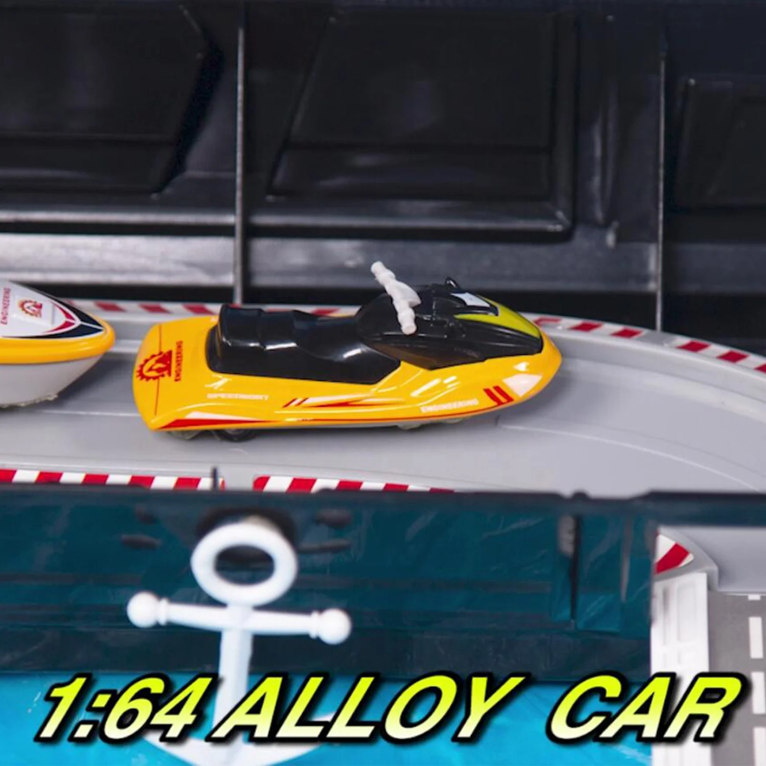 Sliding storage boat with light Deformation Ship Parking Lot Play Set with motorboat and die cast car