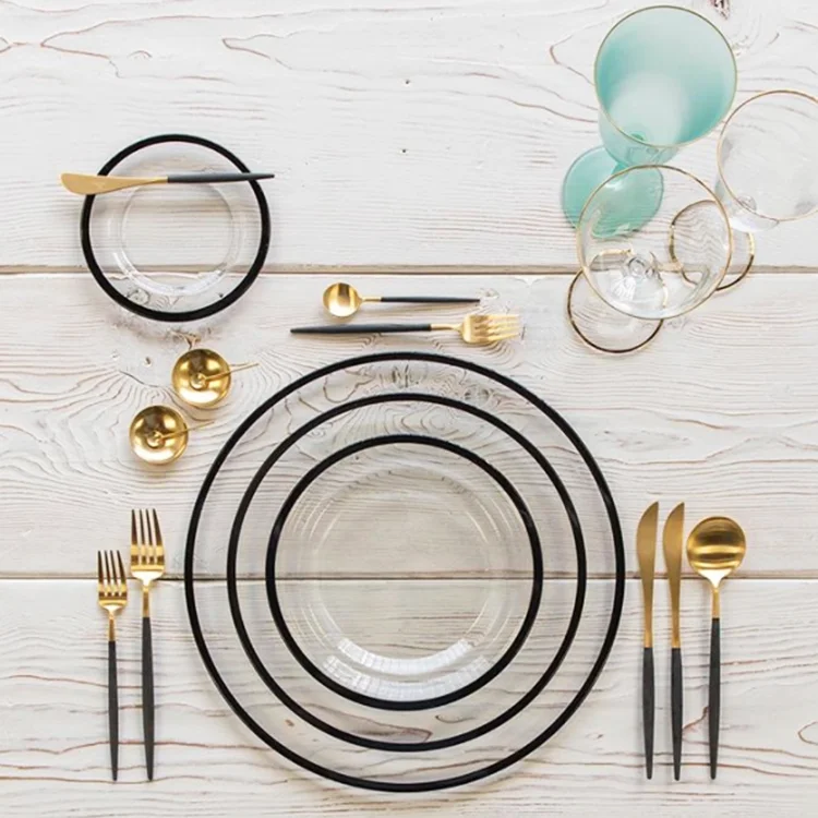 Aeofa Transparent round glass dinner plate for wedding black rimmed glass charger plate black rim glass plate