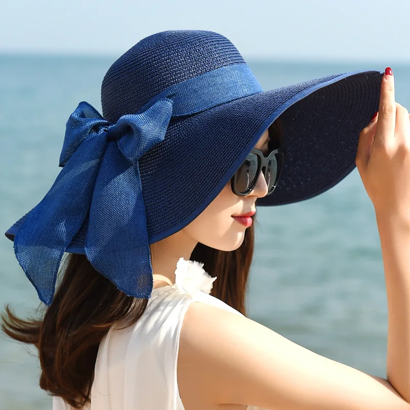 Wholesale colorful and stylish big folding straw hat with big floppy ribbon beach hat gorras verano 2020