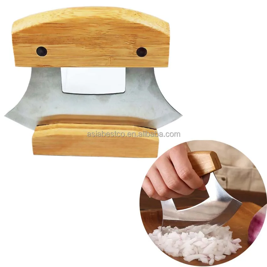 Wood/Bamboo Handle Vegetable Chopper With Base Mezzaluna Chopper For Onion/Carrot