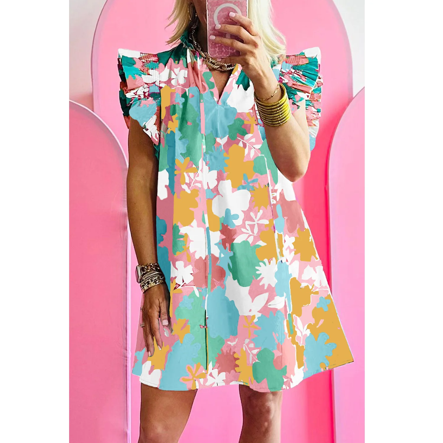 2024 Wholesale Chic Clothes Customized Summer Multicolour Floral Tie Split Neck Flutter Sleeve Mini Dress