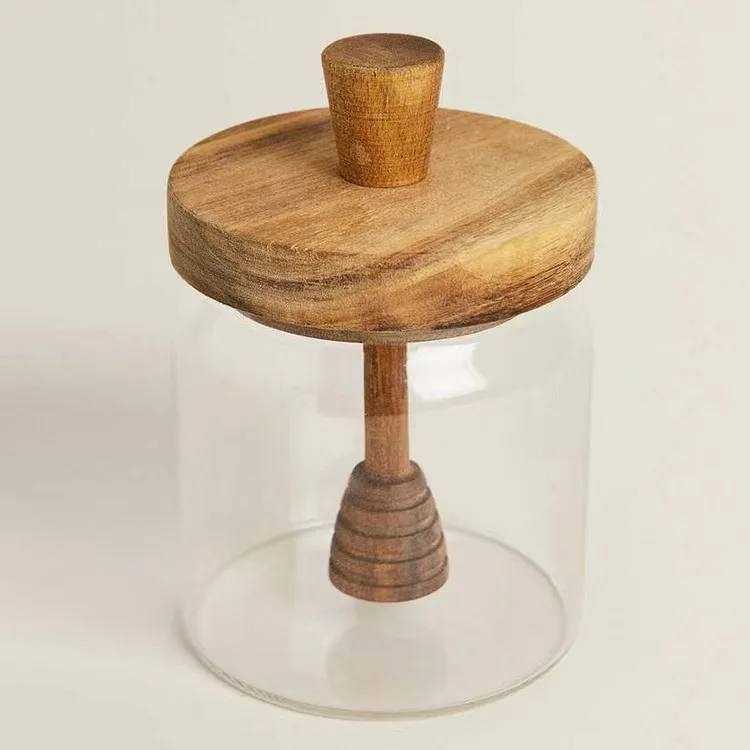 High Borosilicate Glass round Lid with Wooden Stick Modern Design Multi-Use Storage Tank Food Safe Sealed