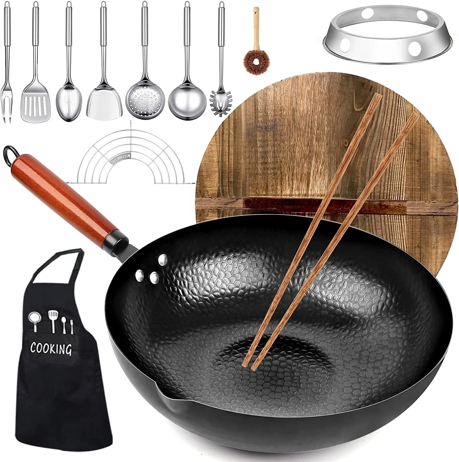 14 Piece Woks  Stir-Fry Pans Set with Wooden Lid  Cookwares, No Chemical Coated Flat Bottom Carbon Steel Wok Pan