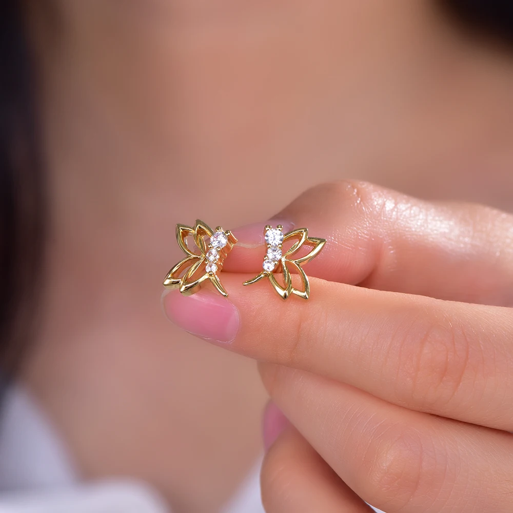 Customize Trading Butterfly Stud Earring Jewelry 24K Gold Plated Hoop Earrings Cubic Zircon Dubai 24K Earrings
