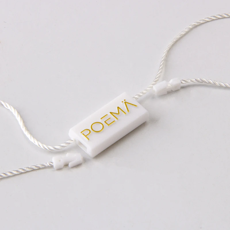 Custom Logo Clothing White Embossed Plastic Seal Lock Fastener Hang Tag String for Garment