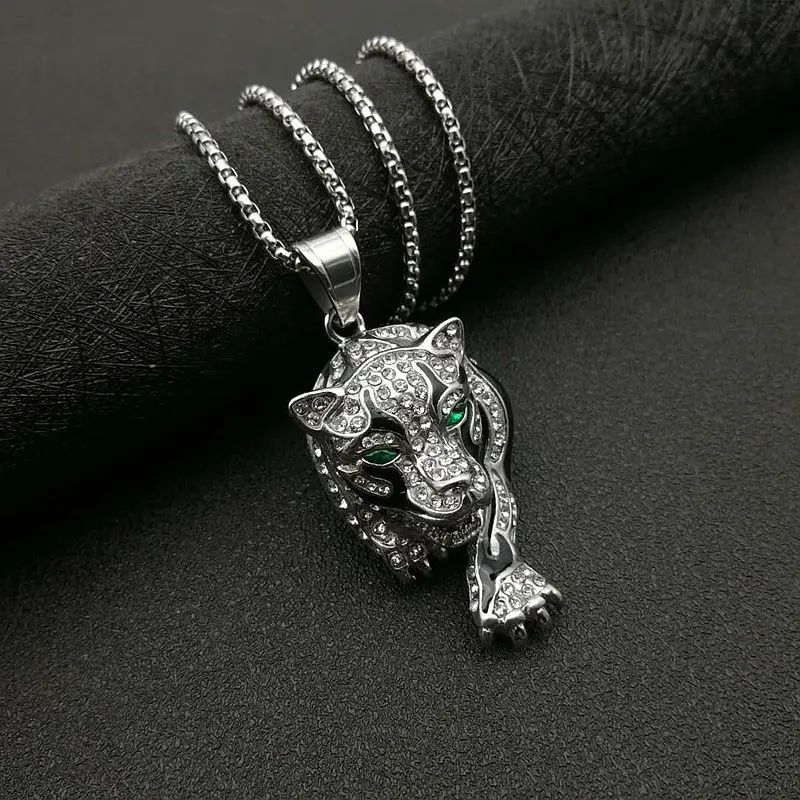 New Hip Hop Hiphop Jewelry Titanium Steel Gold Plated Diamond Leopard Head Pendant Necklace