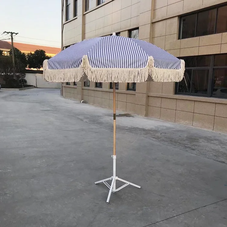 dia 200cm wooden pole garden parsol umbrella with tassels beach umbrella for outdoor parasol