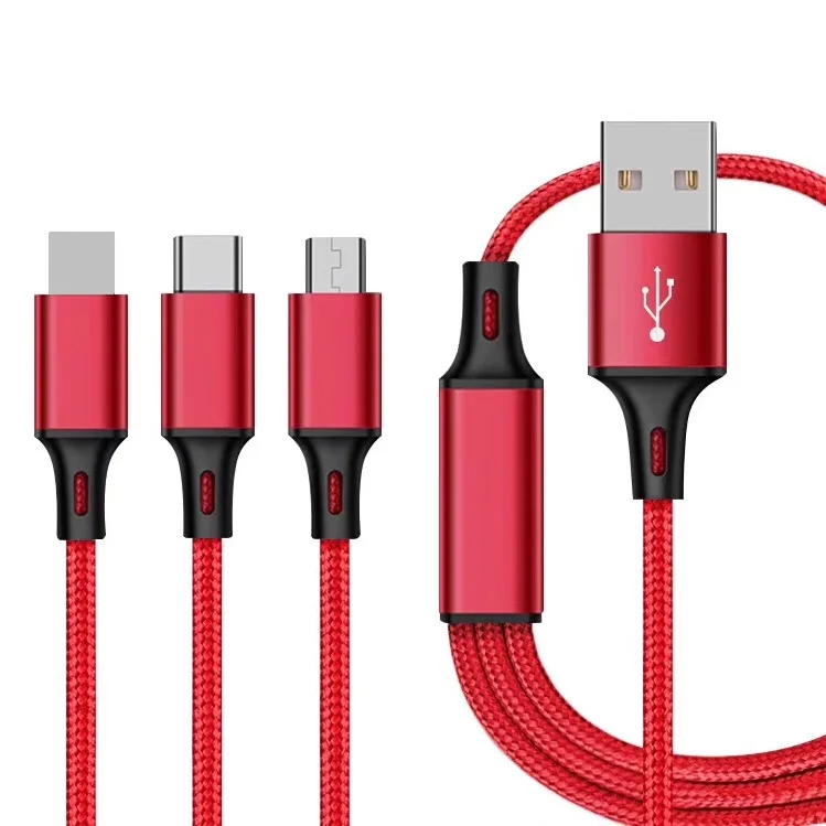 3 In 1 Usb charger Cable nylon braid one drag three fast charge Android Type-C braided cable