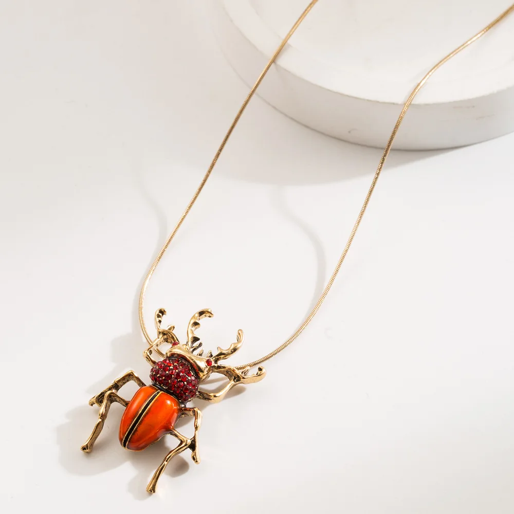 Vintage Retro Beetle Jewelry Set Rhinestone Oil Drop Simulation Insert Unisex Jewellery Earrings Necklace with Snake Chain
