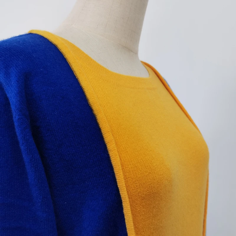 100%Cashmere Blocked Yellow And Royal Blue Woman Dress
