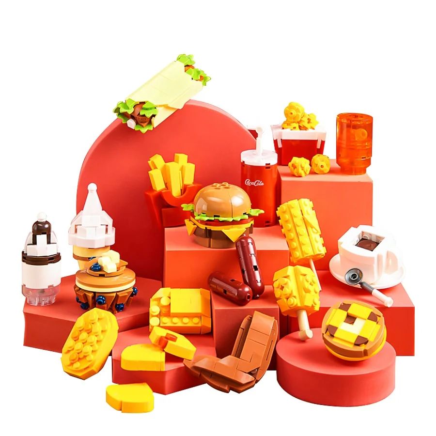 Coffee Sandwich French Fries Bread Hamburger Sets City Street View Cartoon Model Building Blocks Set Gift Toys for Kids