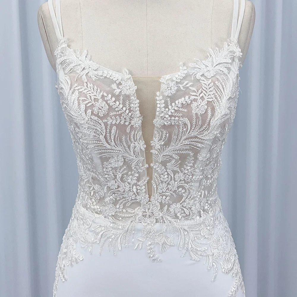 Spaghetti Strap Sheath Wedding Dress Appliqued Pearl Beaded Low Back Crepe Bridal Gown Hx03