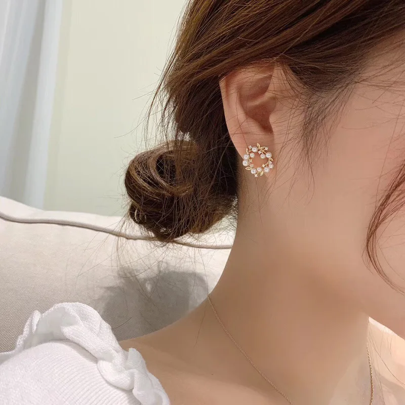 Korean Style Women 925 Circle Olive Branch Pearl Flowers Earrings