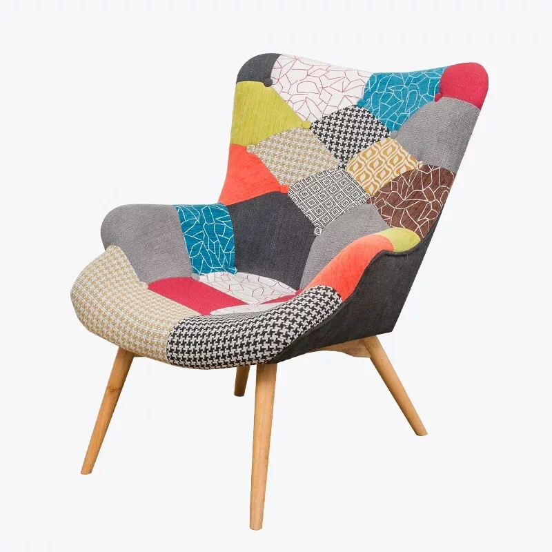 Nordic comfortable fabric sofa chair lounge chair for living room bedroom with foot rest patchwork chair