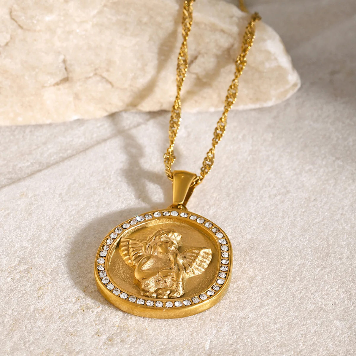 Trendy Fashion Angel With Zircon Pendant 18K Gold Plated Stainless Steel Necklace For Women Jewelry