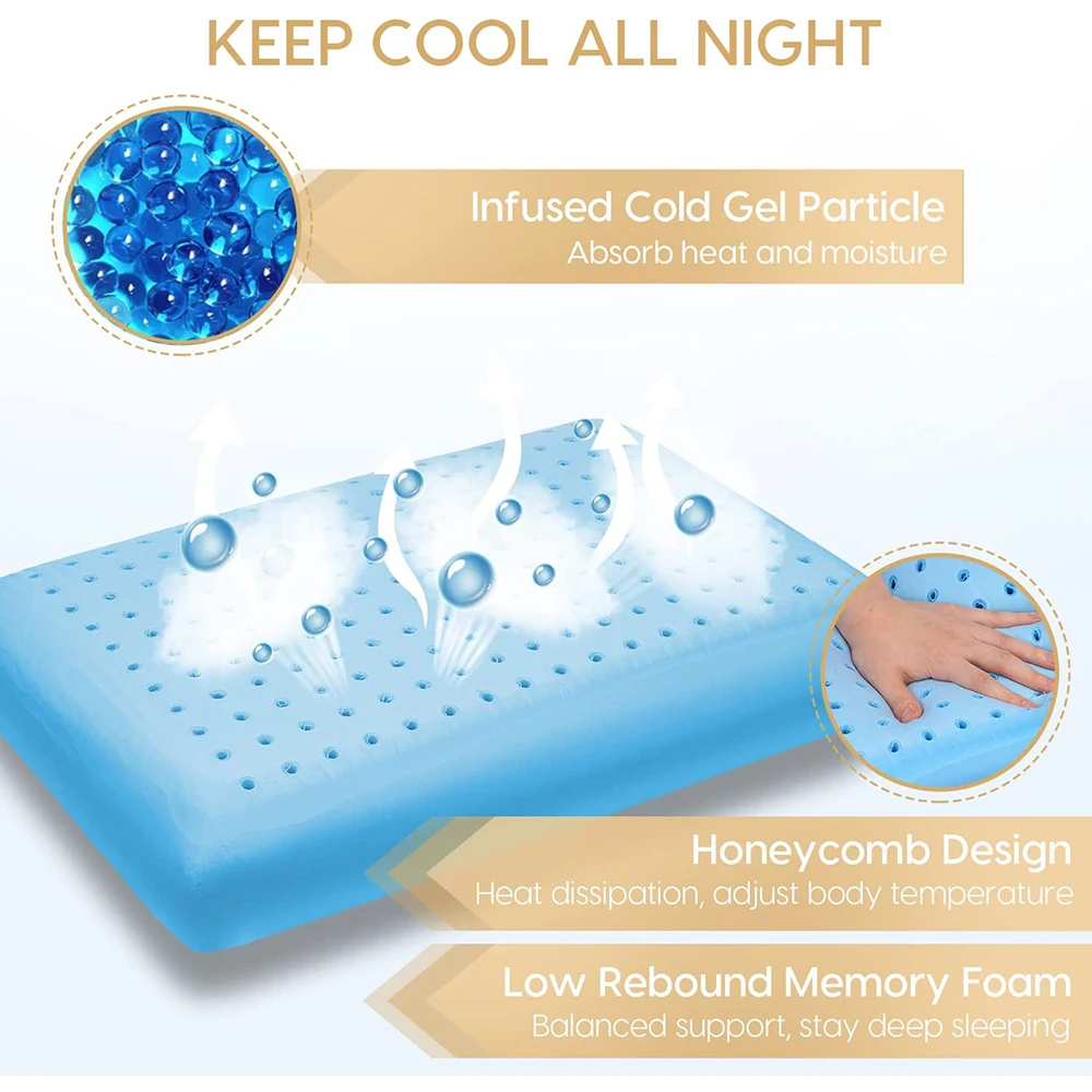COOLING Cervical Cold Memory Foam Sleeping Pillow Anti Wrinkle Ventilated Gel Memory Foam Cool Pillow Back Sleeper Bamboo 30 Rectangle