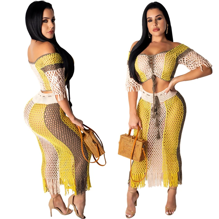 new design fashion crochet ladies crop top and skirt women 2 piece set clothing