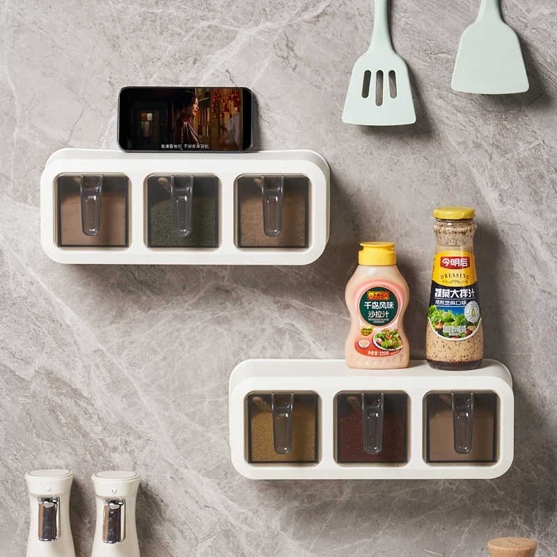 4-Grid Wall-Mounted Plastic Kitchen Seasoning Box Rectangular Salt Sugar Pepper Spice Storage Container