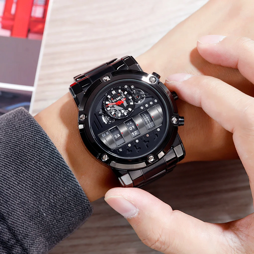Creative Men Quartz wristwatches Drums dial reloj skmei good quality Stainless steel strap sports watch