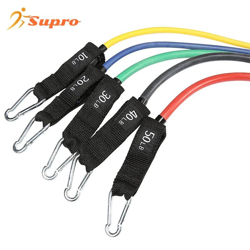 Supro Manufacture Hot Sale Custom Heavy Workout Latex Fitness 11pcs Resistance Bands Set