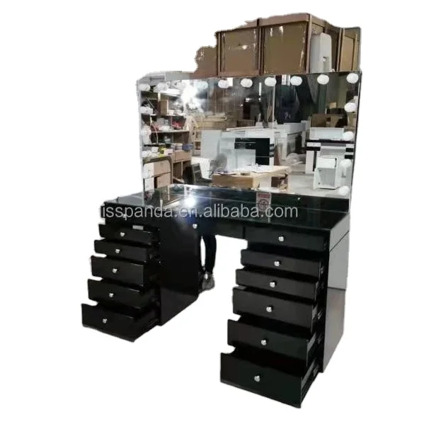 Yicheng Beauty Black Hollywood Furniture Makeup Vanity Desk Lighted Mirrored Dresser Glass Dressing Table