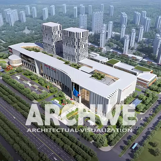 Commercial center in architectural rendering, also eco friendly architecture, office , industrial park,