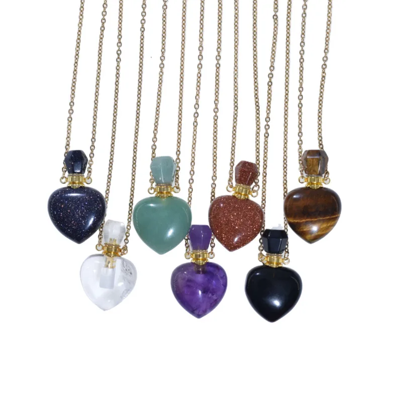 Real Rose Quartz Perfume Bottle Necklace, Rose Quartz Heart Stone Vial Necklace for Essential Oil, Healing Stone Pink Crystal Ne