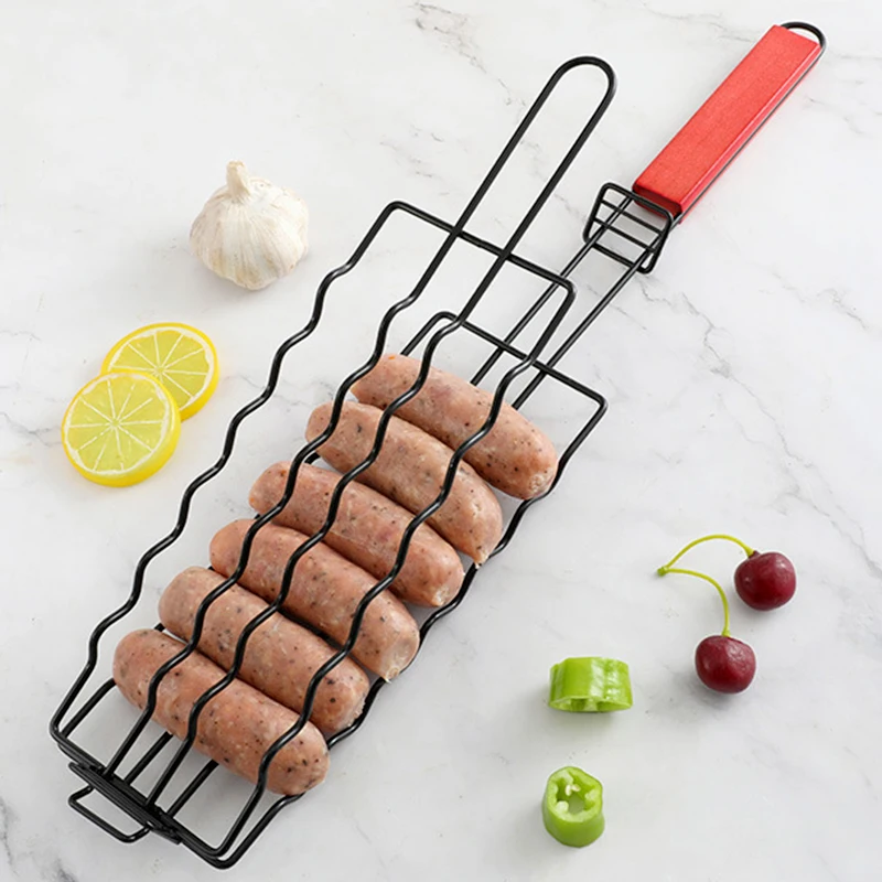 6 holes iron Rack Roast Sausage Hot Dog Grill Net Clip Grills Basket with wooden handle