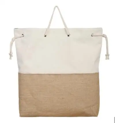 Reusable Burlap Jute Joint Cotton Canvas Bottom Drawstring Closure Eco-Friendly Tote Shopping Bag for Shopping