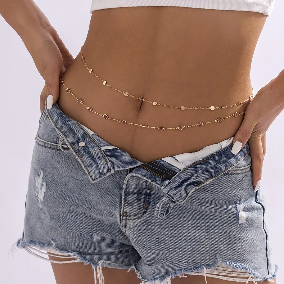 Simple Double Layer Sexy Sequin Fine Chain Geometric Brass Zircon Waist Chain Women Jewelry Summer Street Beach Body Chains