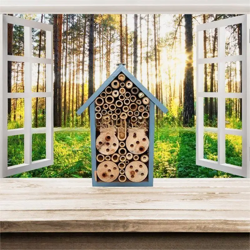 Painted insect nest Solid wood outdoor garden Bee nest Benefit insect observation Log cabin Bird house Decorated bee nest garden
