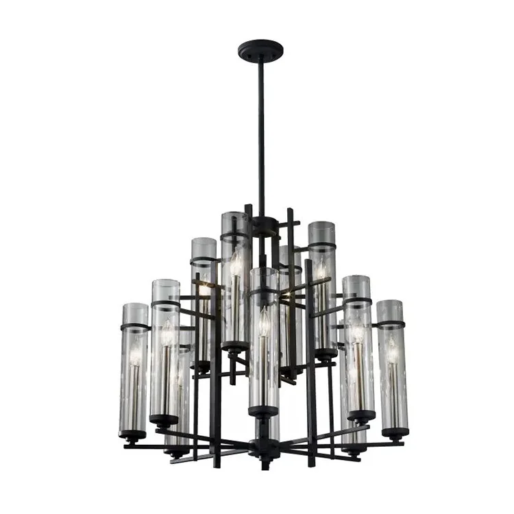 2022 New Modern Decorative Hotel  Project Metal Glass Shade Vintage Black Chandelier Pendant Lamp
