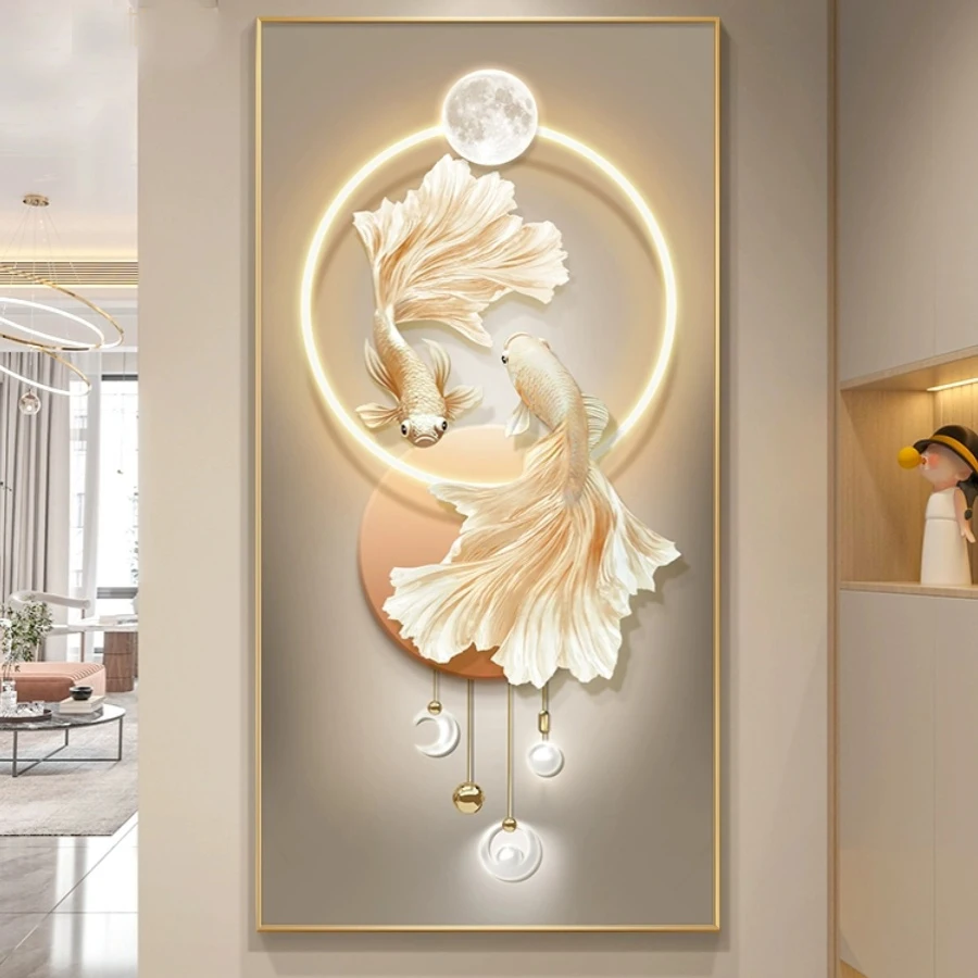 HUAMIAO Wholesale modern luxury porch decorative painting two fishes wall art decor Crystal Porcelain Painting for Living Room